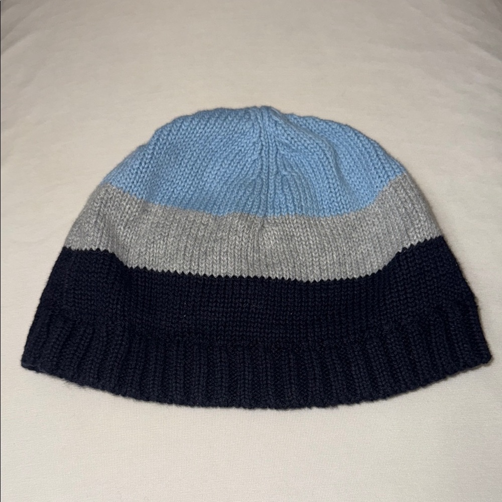 Blue and Gray Striped Knit Beanie